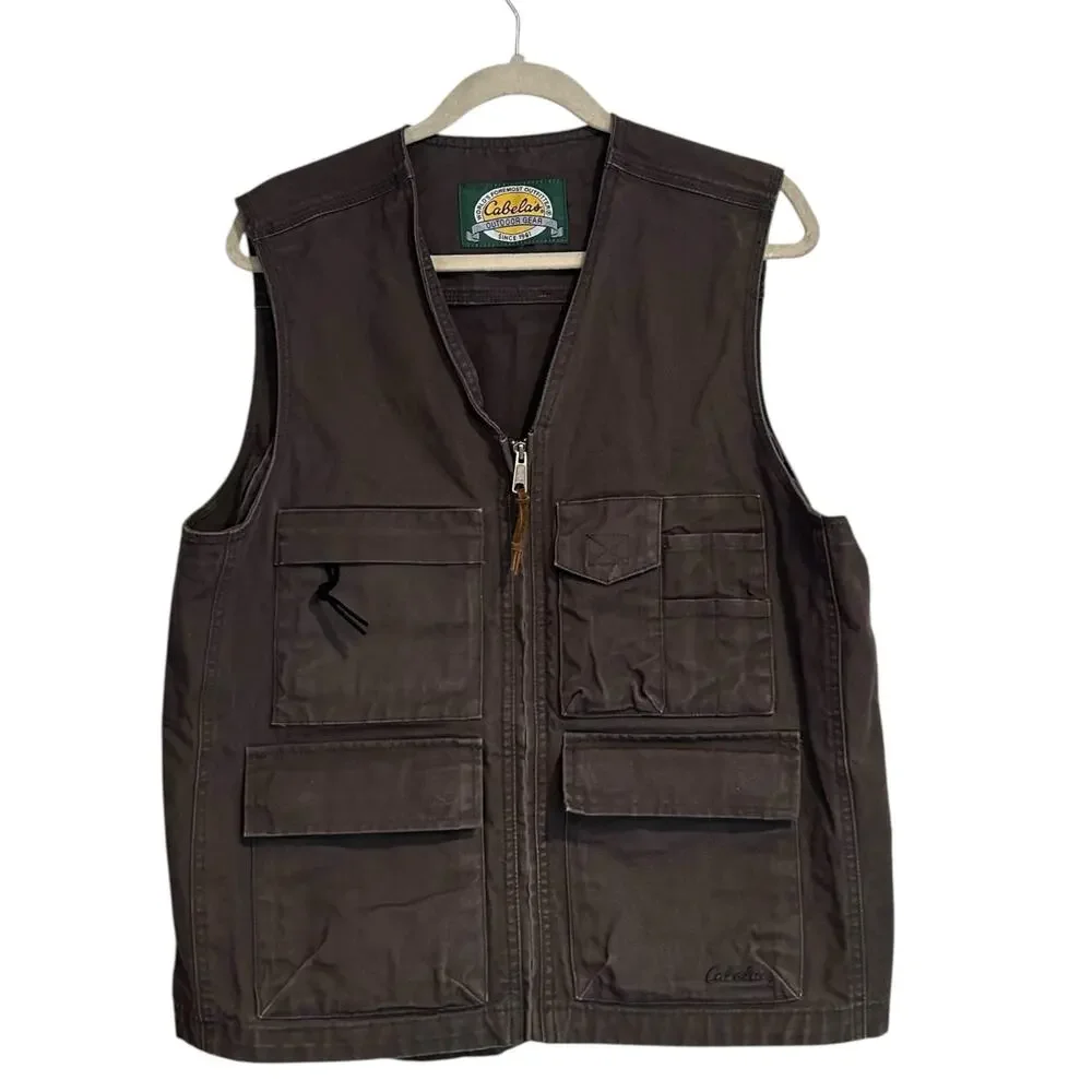 Cabela's Green Canvas Multi-Pocket Utility Zip Vest Gorpcore Mens M